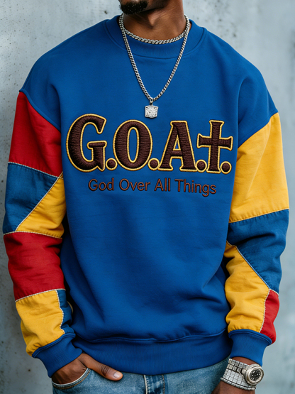Men's Colorblock Goat God Over All Things Print Casual Sweatshirt