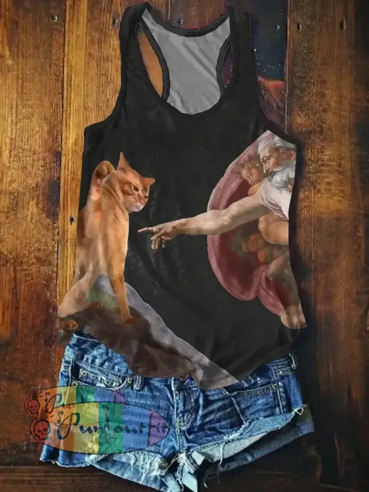 Funny Cat Art Print Casual Tank Top Black / S NEW IN
