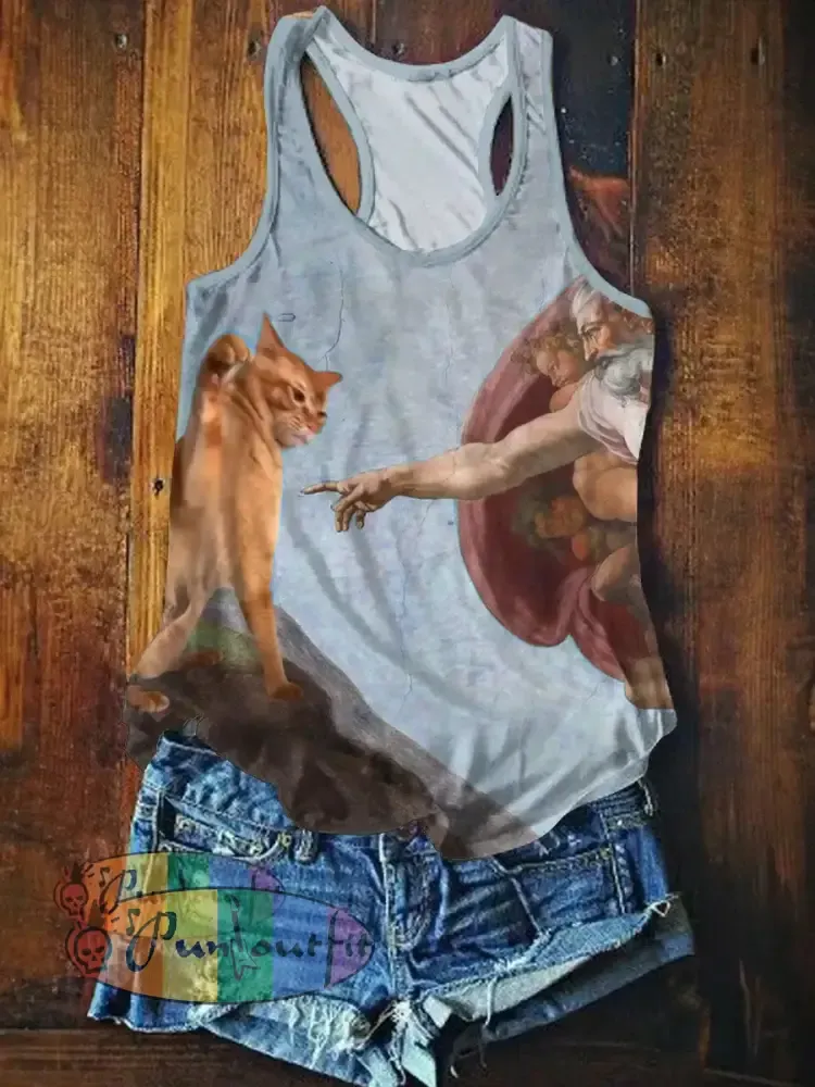 Funny Cat Art Print Casual Tank Top Blue / S NEW IN