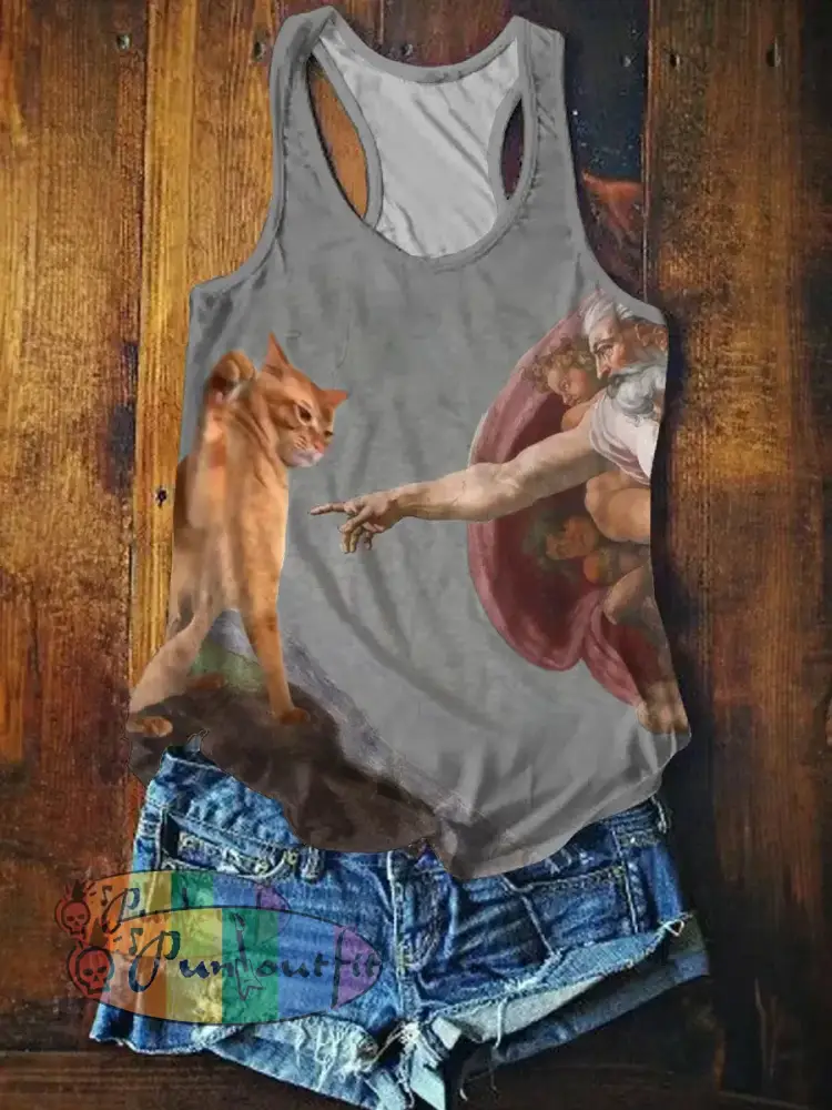 Funny Cat Art Print Casual Tank Top Grey / S NEW IN