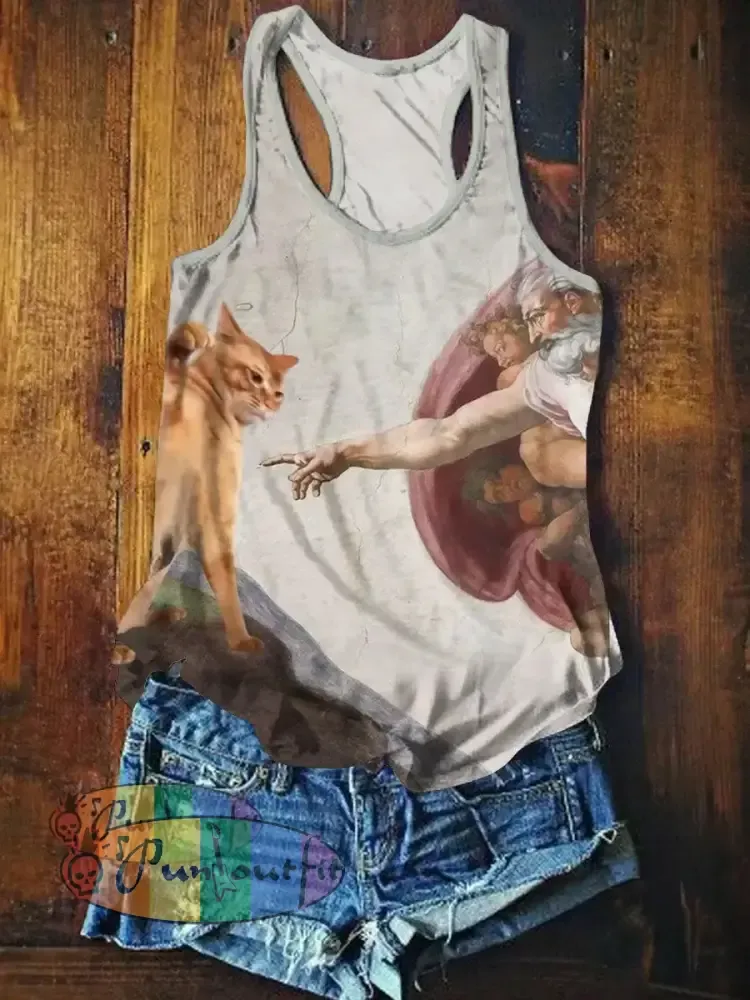 Funny Cat Art Print Casual Tank Top Khaki / S NEW IN