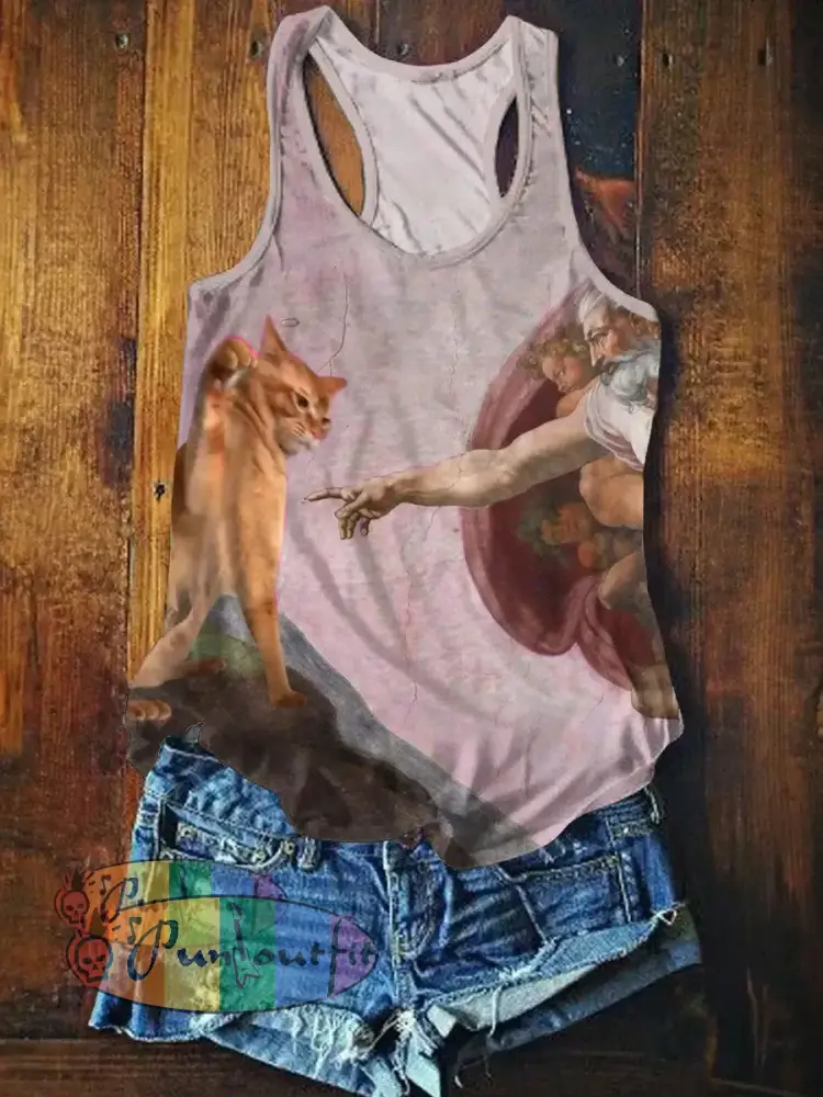 Funny Cat Art Print Casual Tank Top Pink / S NEW IN