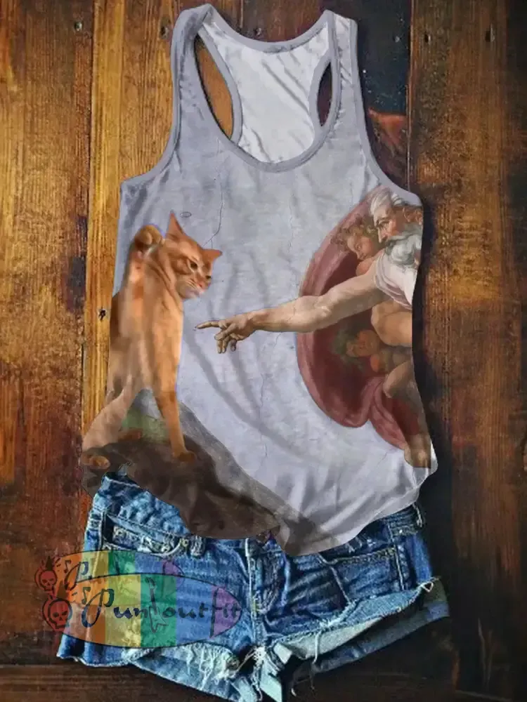Funny Cat Art Print Casual Tank Top Purple / S NEW IN