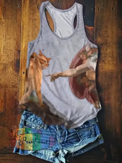 Funny Cat Art Print Casual Tank Top Purple / S NEW IN