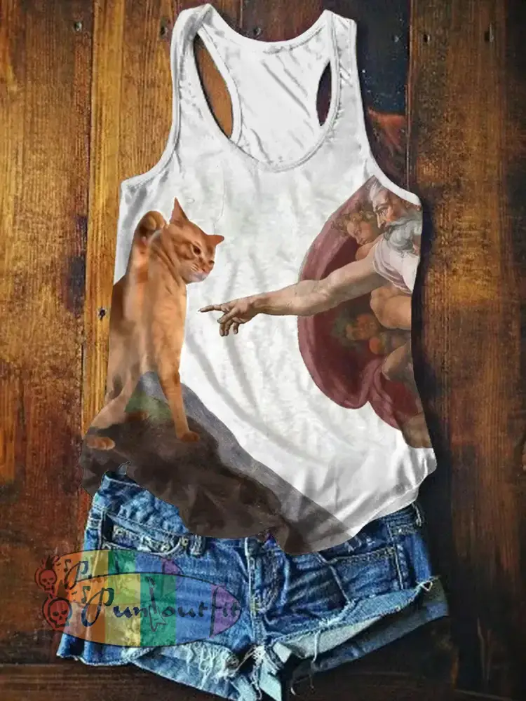 Funny Cat Art Print Casual Tank Top White / S NEW IN