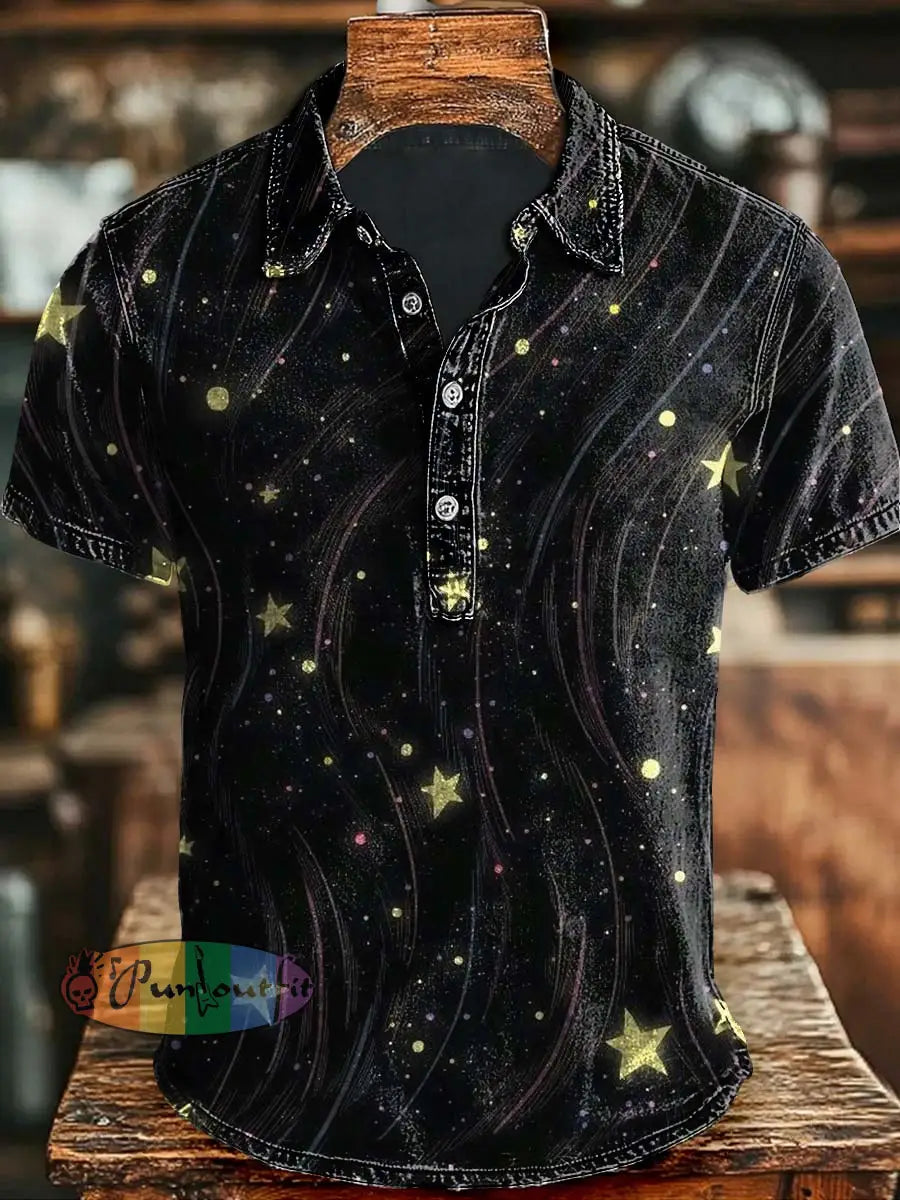 Galaxy Star Print Casual Short Sleeve Polo Shirt As picture / S