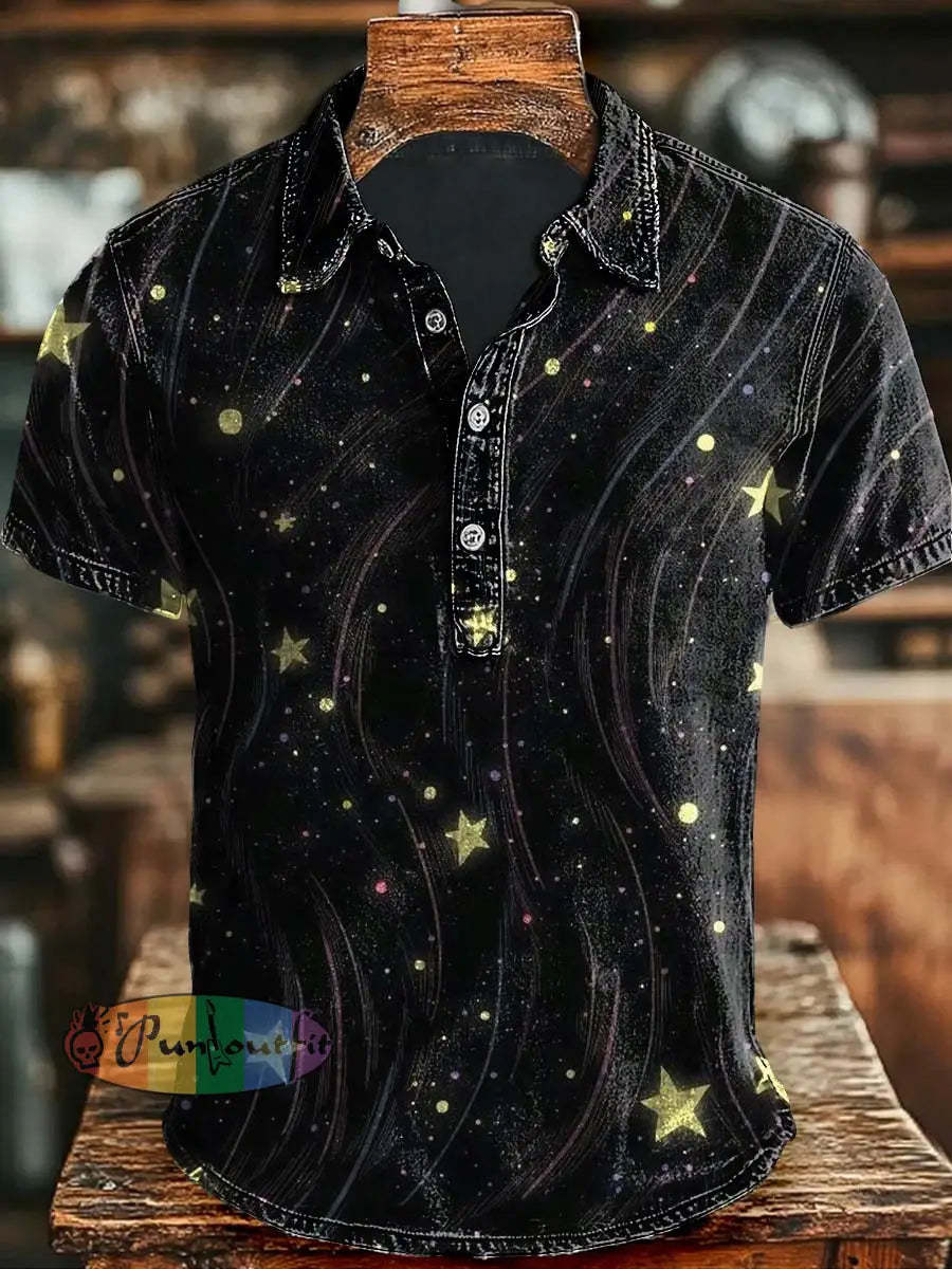 Galaxy Star Print Casual Short Sleeve Polo Shirt As picture / S