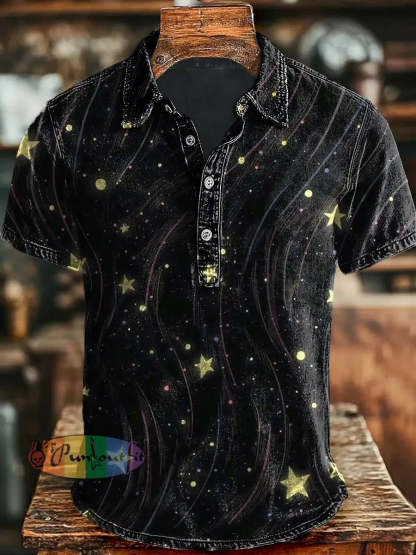 Galaxy Star Print Casual Short Sleeve Polo Shirt As picture / S