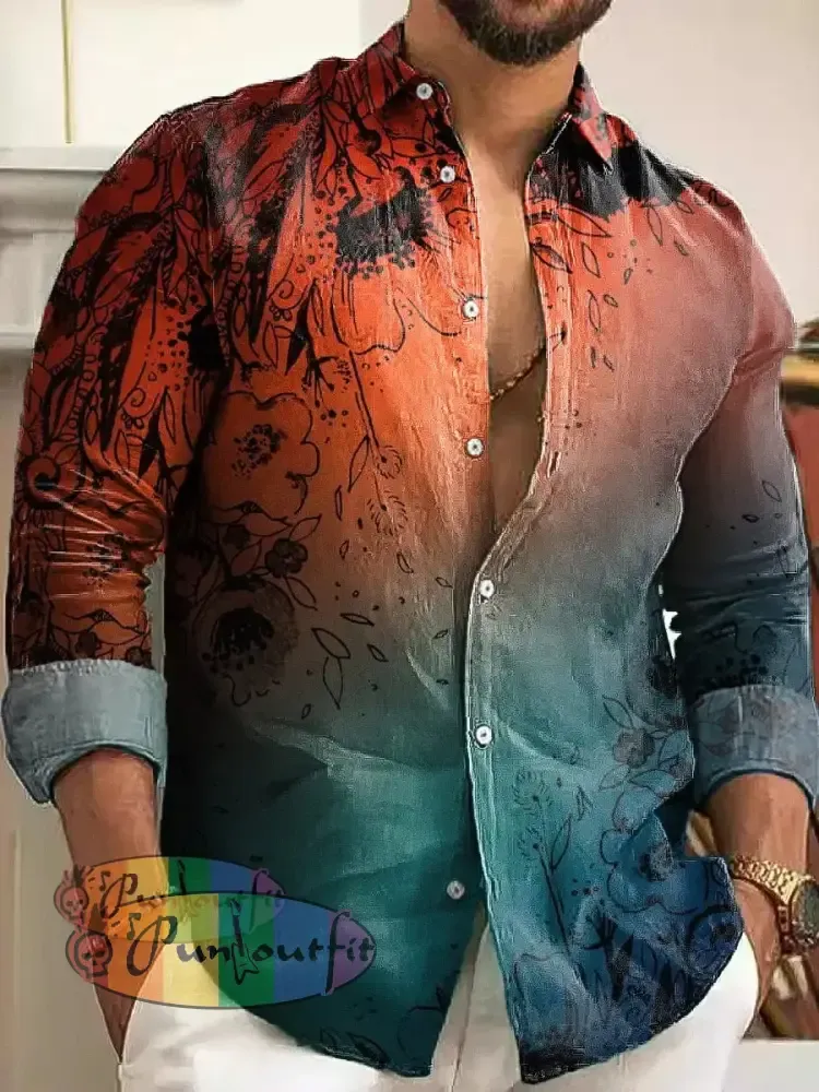 Gentleman Vintage Color Gradient Floral Art Print Long Sleeve Shirt Colorful / S
