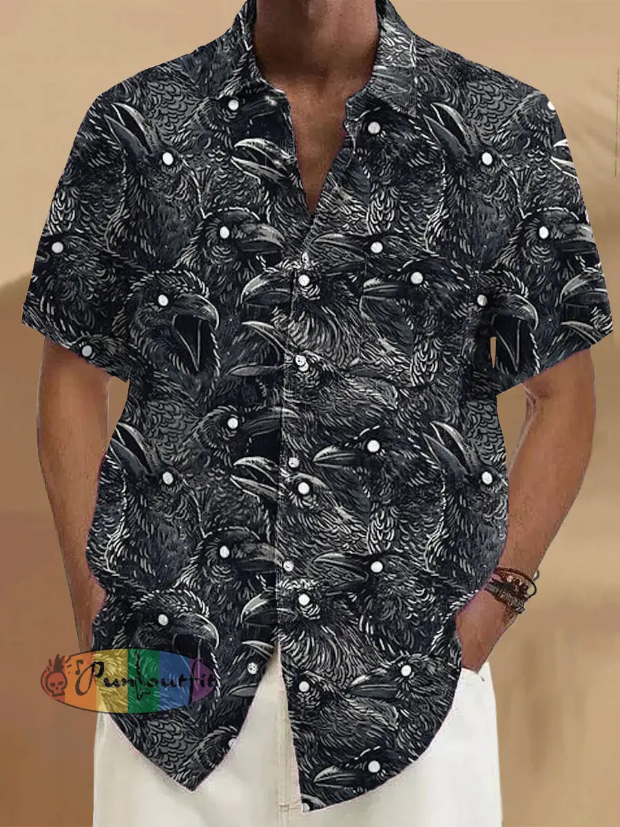 Gentleman Vintage Halloween Black Raven Art Print Pocket Shirt Colorful / S