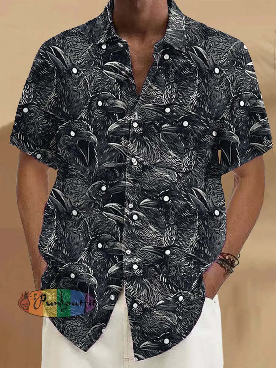 Gentleman Vintage Halloween Black Raven Art Print Pocket Shirt Colorful / S