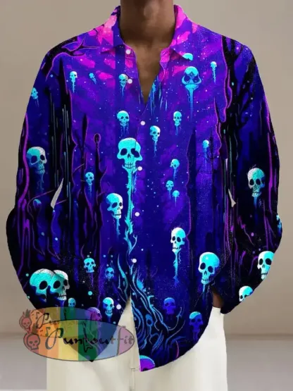 Gentleman Vintage Halloween Skull Ghost Art Print Long Sleeve Shirt Colorful / S