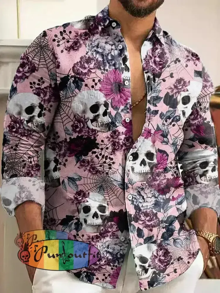Gentleman Vintage Pink Skull Floral Art Print Long Sleeve Shirt Colorful / S