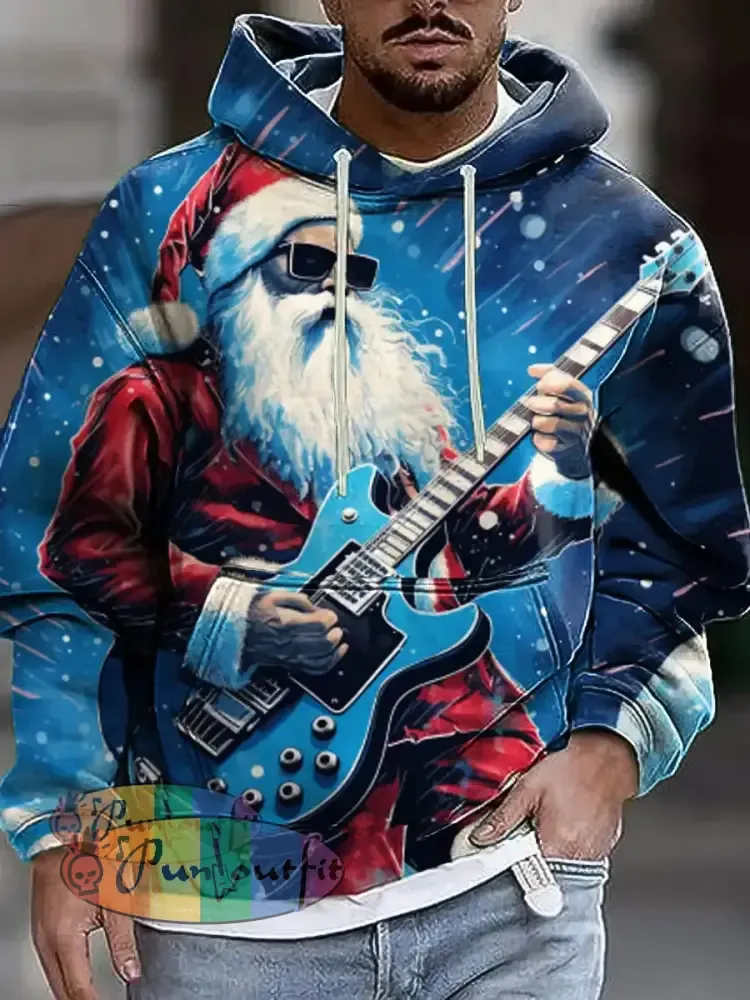 Gentleman Vintage Santa Playing Guitar Art Print Hooded Sweatshirt Colorful / S
