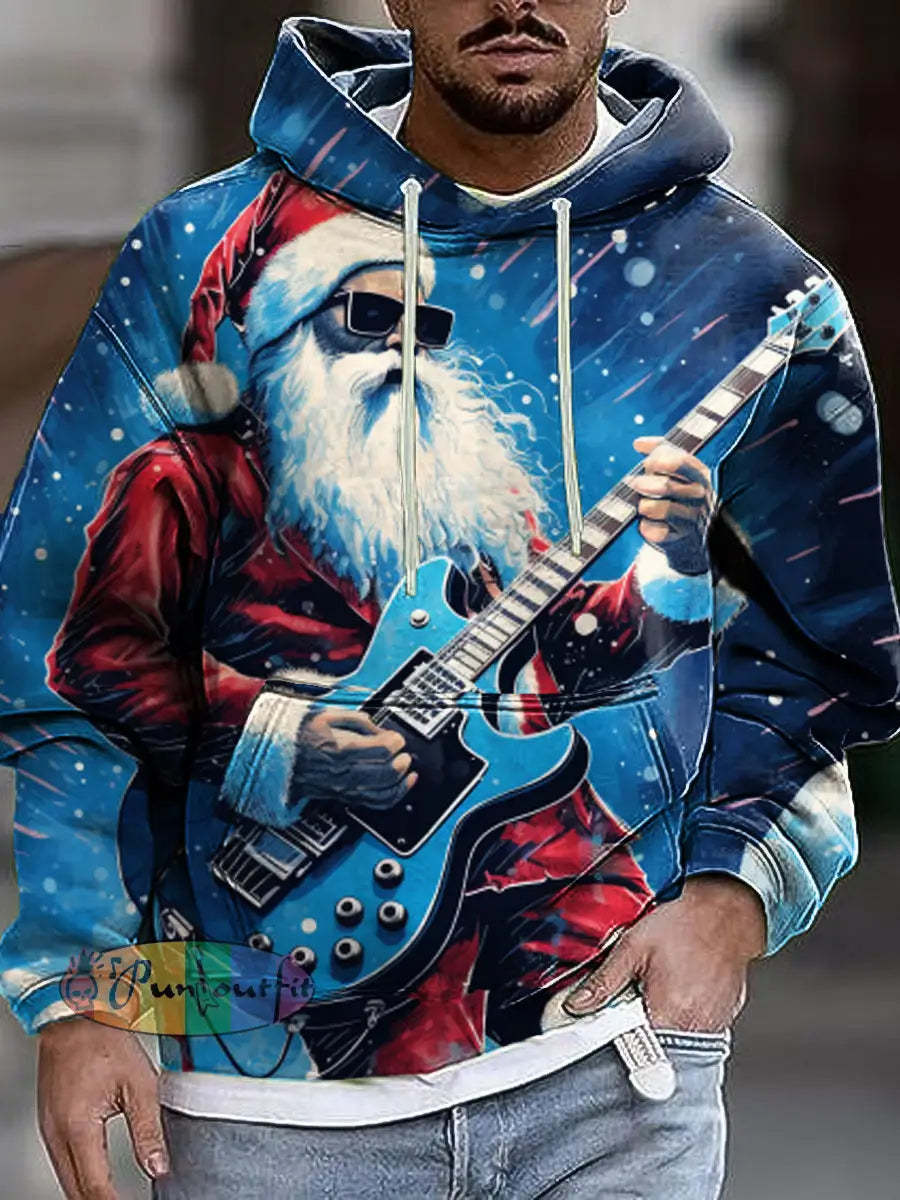 Gentleman Vintage Santa Playing Guitar Art Print Hooded Sweatshirt Colorful / S
