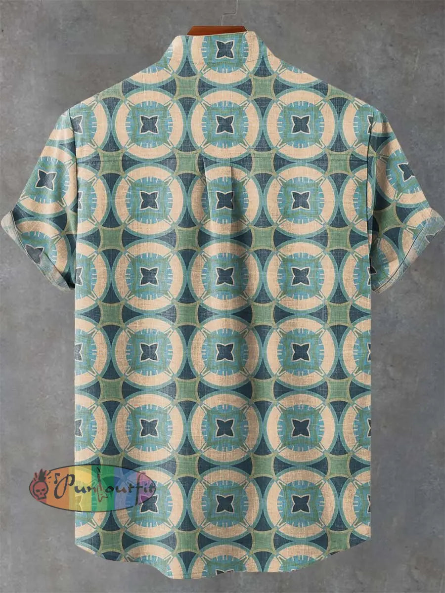 Geometric Circles Grid Retro Art Print Casual 100% Cotton Shirt GEOMETRIC ART DESIGN