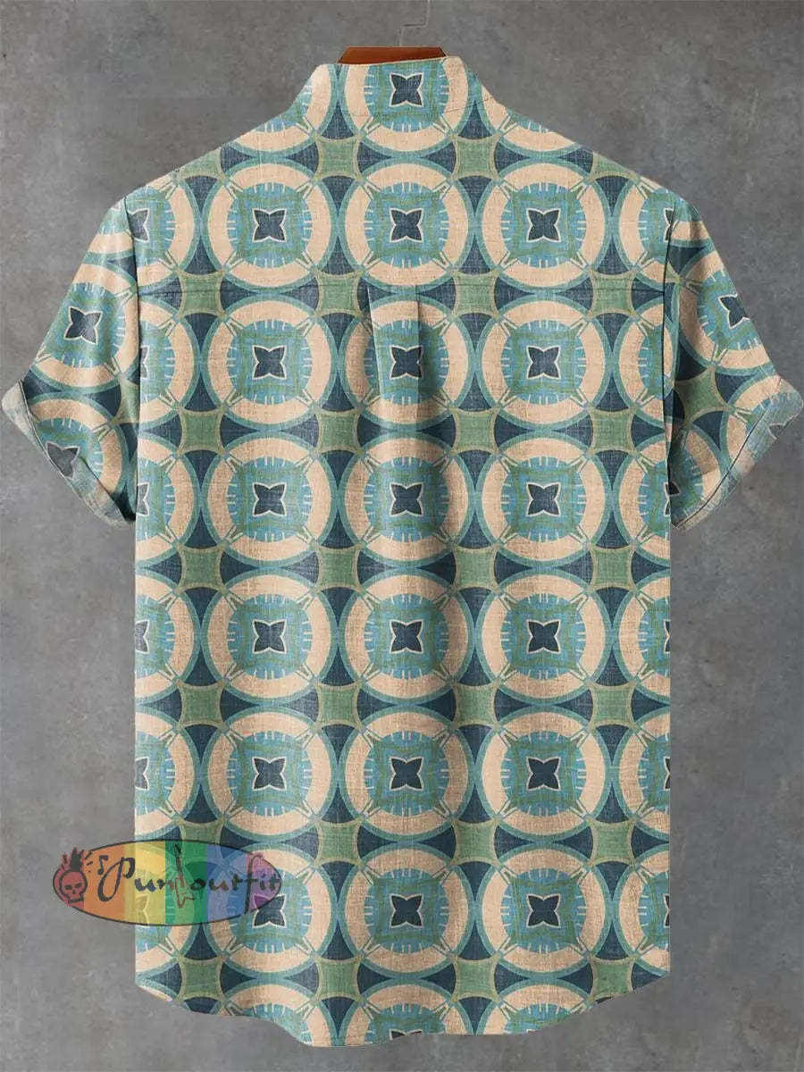 Geometric Circles Grid Retro Art Print Casual 100% Cotton Shirt GEOMETRIC ART DESIGN