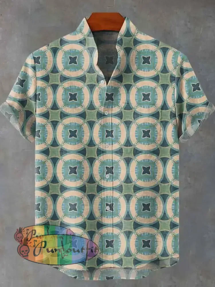 Geometric Circles Grid Retro Art Print Casual 100% Cotton Shirt Multicolor / S GEOMETRIC ART DESIGN
