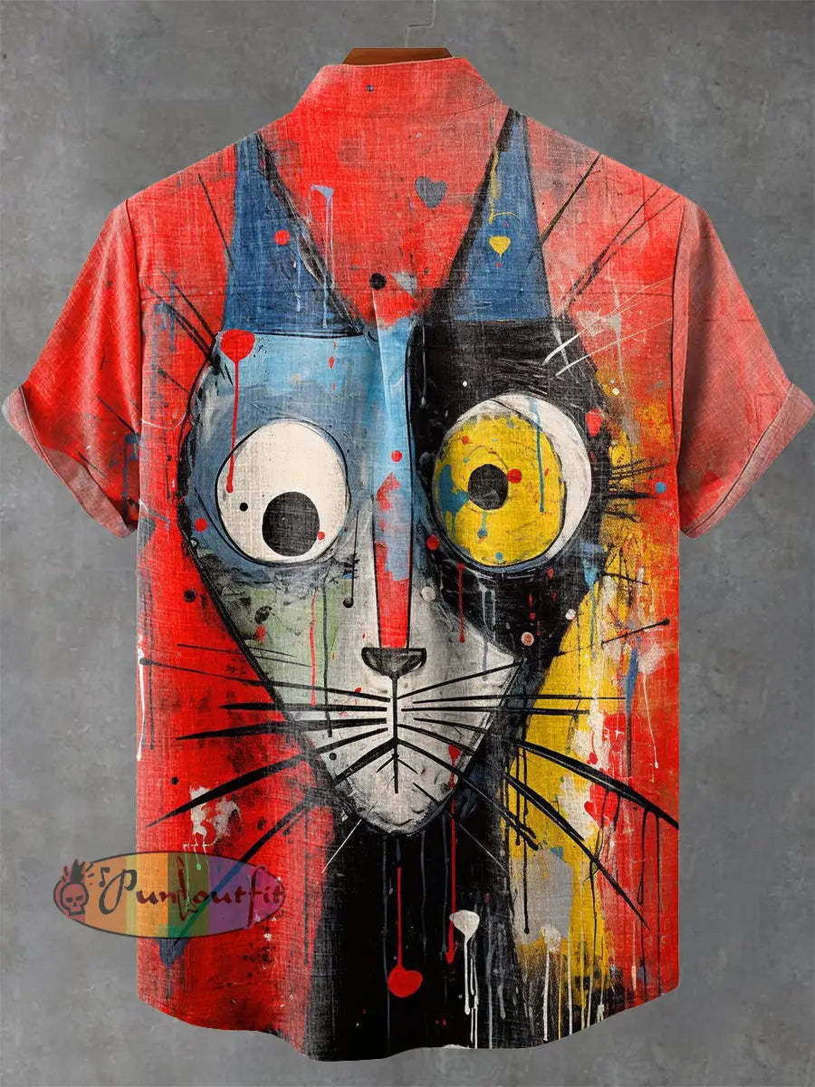 Graffiti Abstract Art Cat Vintage Print Casual 100% Cotton Shirt GEOMETRIC ART DESIGN