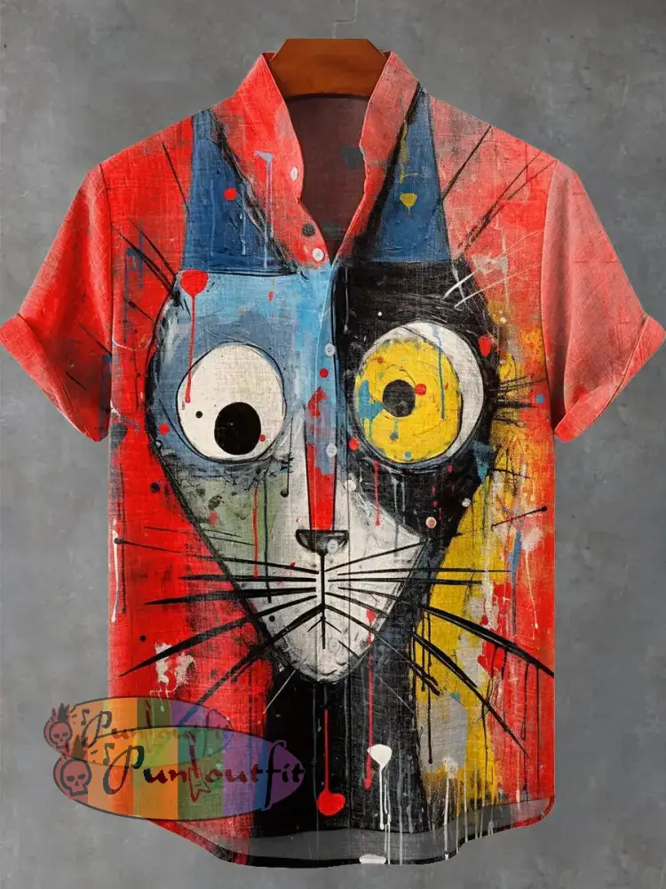 Graffiti Abstract Art Cat Vintage Print Casual 100% Cotton Shirt Multicolor / S GEOMETRIC ART DESIGN