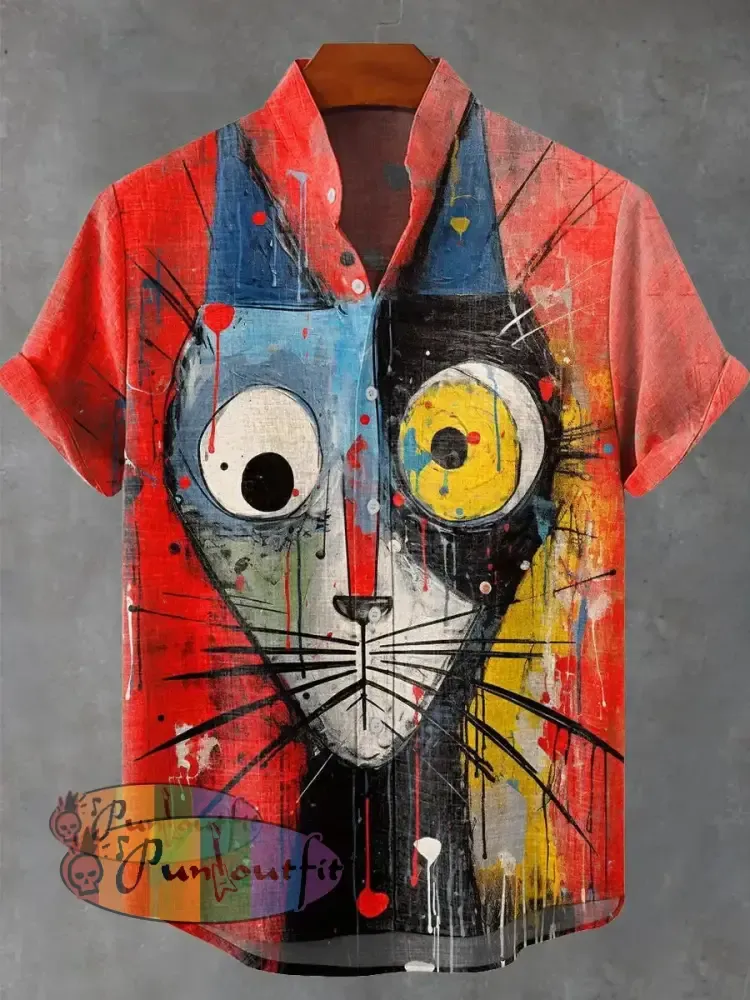 Graffiti Abstract Art Cat Vintage Print Casual 100% Cotton Shirt Multicolor / S GEOMETRIC ART DESIGN