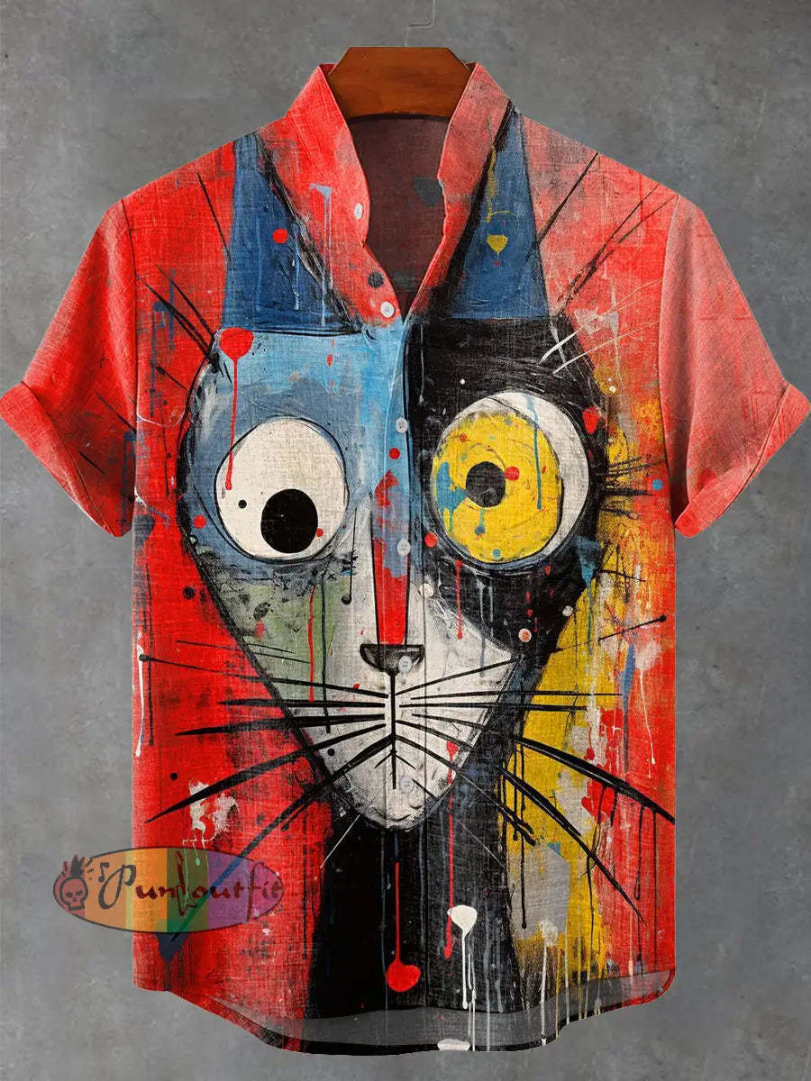 Graffiti Abstract Art Cat Vintage Print Casual 100% Cotton Shirt Multicolor / S GEOMETRIC ART DESIGN