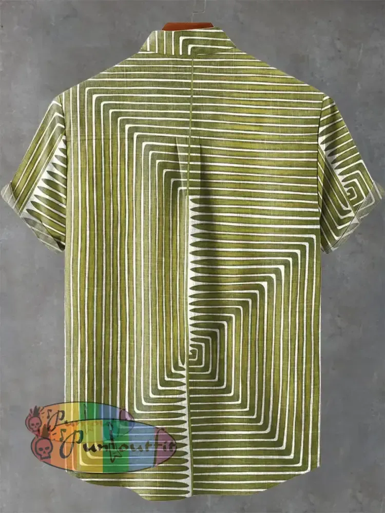 Green Line Decorative Pattern Casual 100% Cotton Shirt GEOMETRIC ART DESIGN