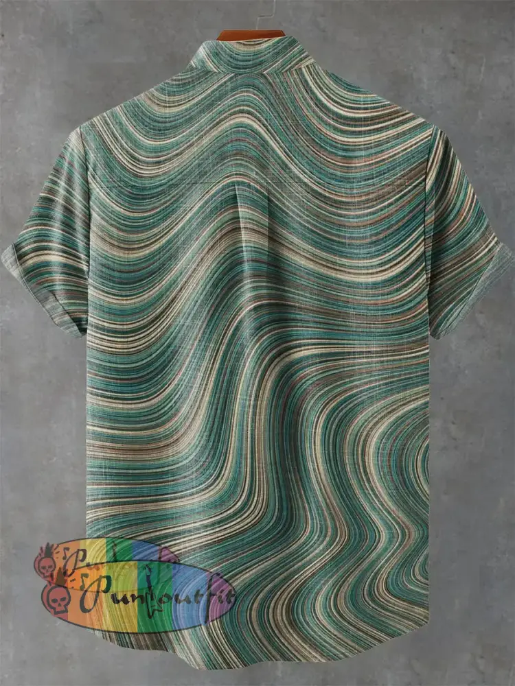 Green Tone Wavy Thin Line Decorative Pattern Casual 100% Cotton Shirt GEOMETRIC ART DESIGN