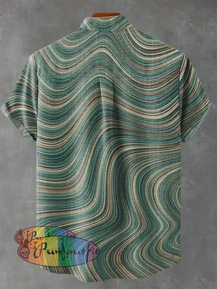 Green Tone Wavy Thin Line Decorative Pattern Casual 100% Cotton Shirt GEOMETRIC ART DESIGN