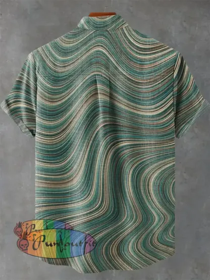 Green Tone Wavy Thin Line Decorative Pattern Casual 100% Cotton Shirt GEOMETRIC ART DESIGN