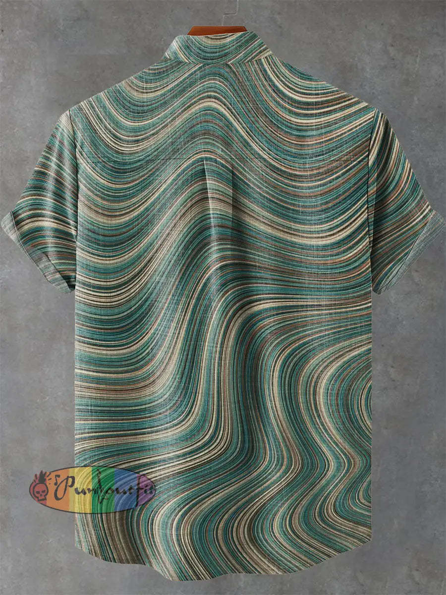 Green Tone Wavy Thin Line Decorative Pattern Casual 100% Cotton Shirt GEOMETRIC ART DESIGN