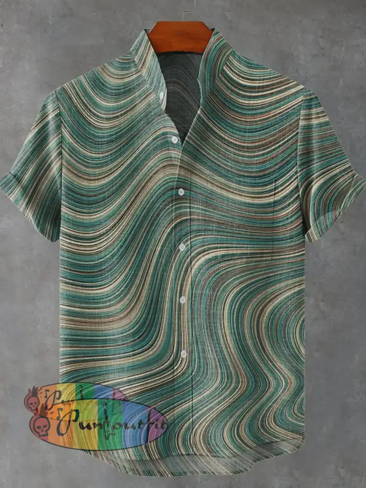 Green Tone Wavy Thin Line Decorative Pattern Casual 100% Cotton Shirt Multicolor / S GEOMETRIC ART DESIGN
