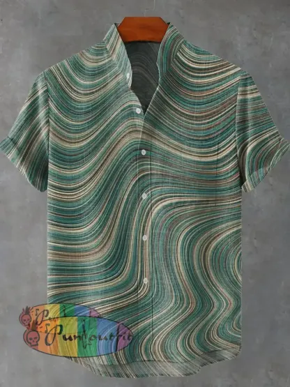 Green Tone Wavy Thin Line Decorative Pattern Casual 100% Cotton Shirt Multicolor / S GEOMETRIC ART DESIGN
