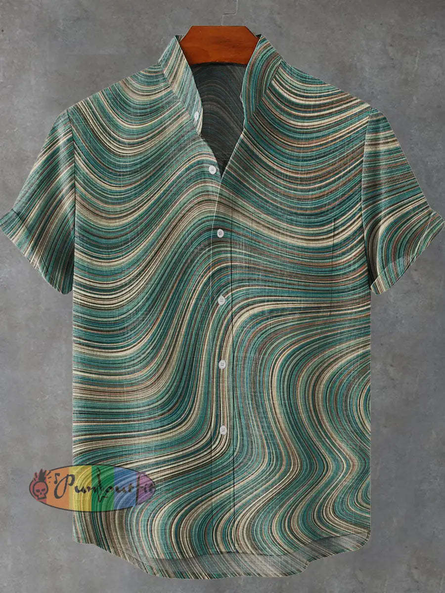 Green Tone Wavy Thin Line Decorative Pattern Casual 100% Cotton Shirt Multicolor / S GEOMETRIC ART DESIGN