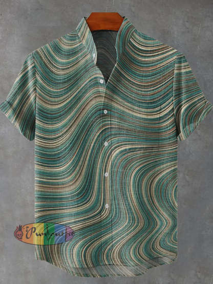 Green Tone Wavy Thin Line Decorative Pattern Casual 100% Cotton Shirt Multicolor / S GEOMETRIC ART DESIGN