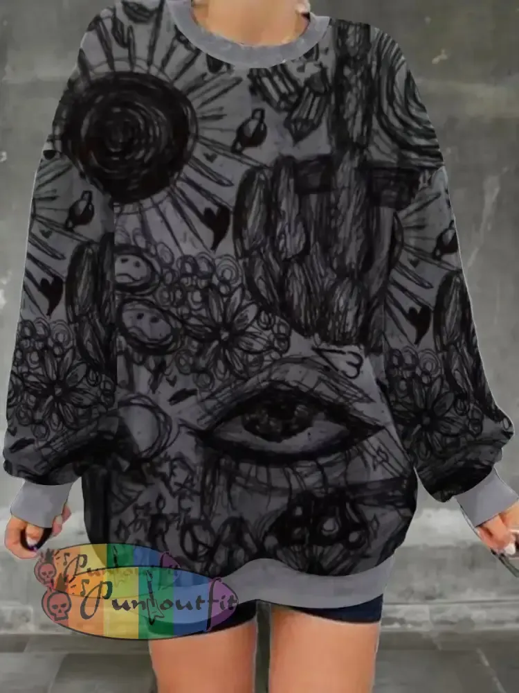 Ladies’ Retro Art Graffiti Pattern Printed Casual Fashion Long Sleeved Loose Round Neck