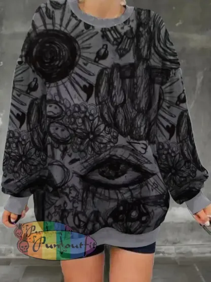 Ladies’ Retro Art Graffiti Pattern Printed Casual Fashion Long Sleeved Loose Round Neck