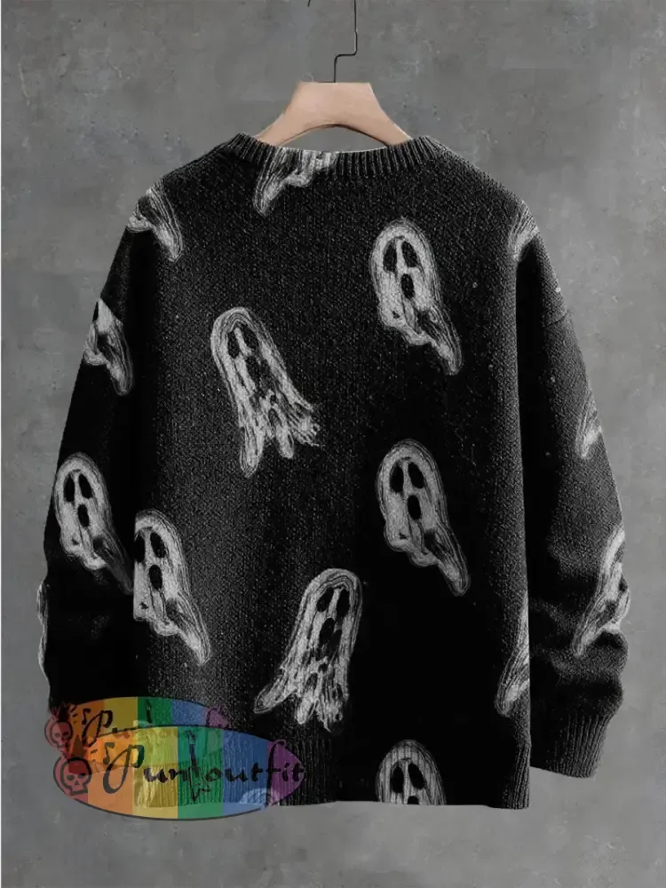 Little Ghosts Decorative Pattern Knit Pullover Sweater Men\’S Clothing