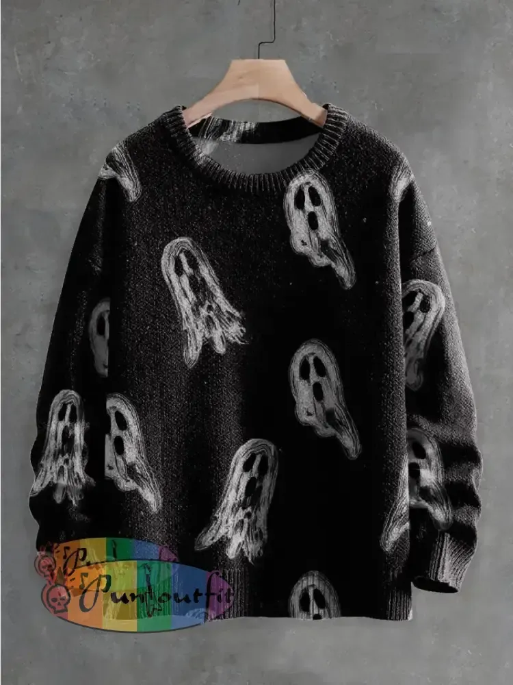 Little Ghosts Decorative Pattern Knit Pullover Sweater Multicolor / S Men\’S Clothing