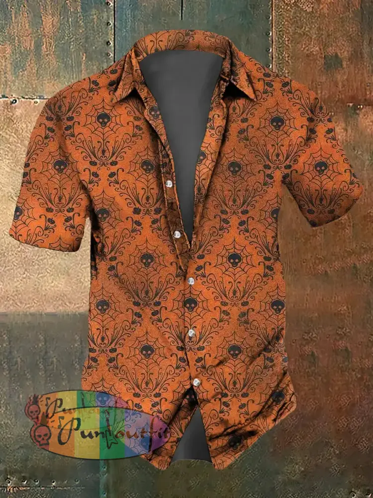 Men’s Abstract Halloween Gothic Pumpkin Print Casual Short Sleeved Shirt Orange / S