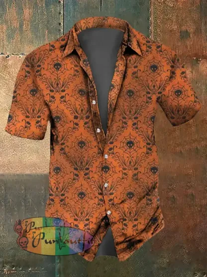 Men’s Abstract Halloween Gothic Pumpkin Print Casual Short Sleeved Shirt Orange / S