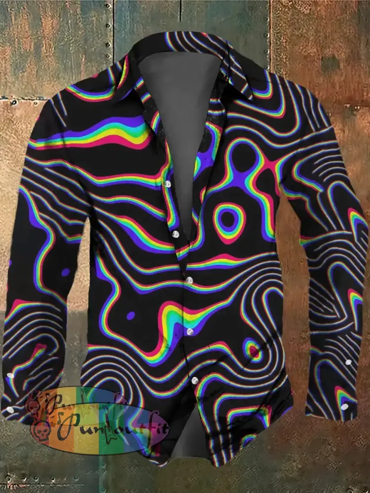 Men’s Abstract Lines Print Long Sleeve Shirt Colorful / S