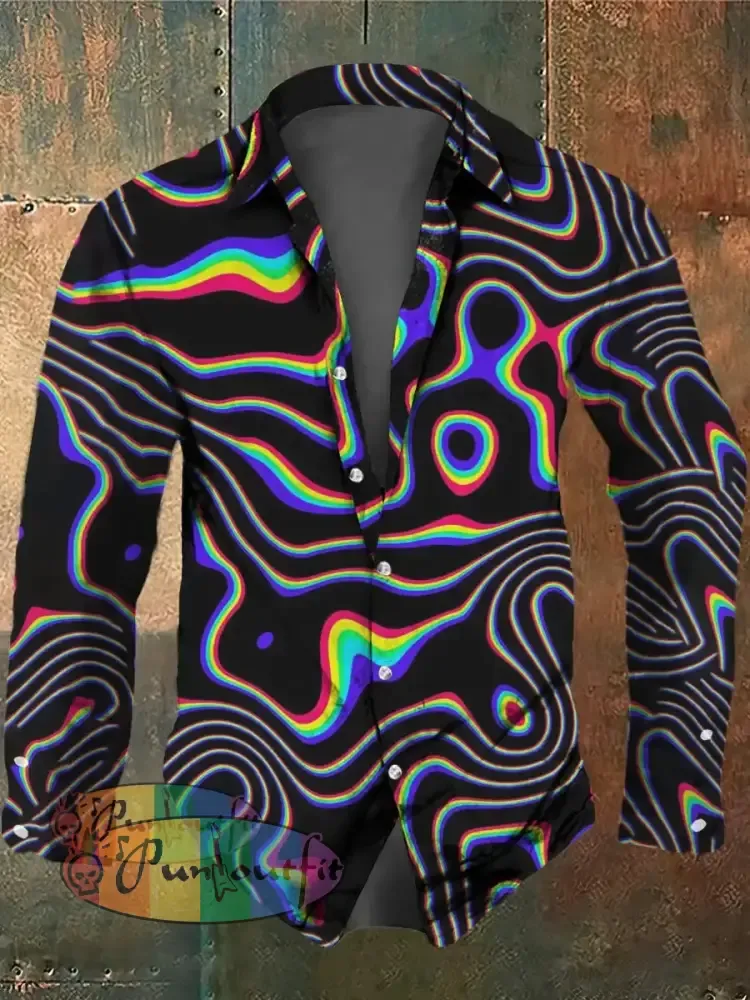 Men’s Abstract Lines Print Long Sleeve Shirt Colorful / S