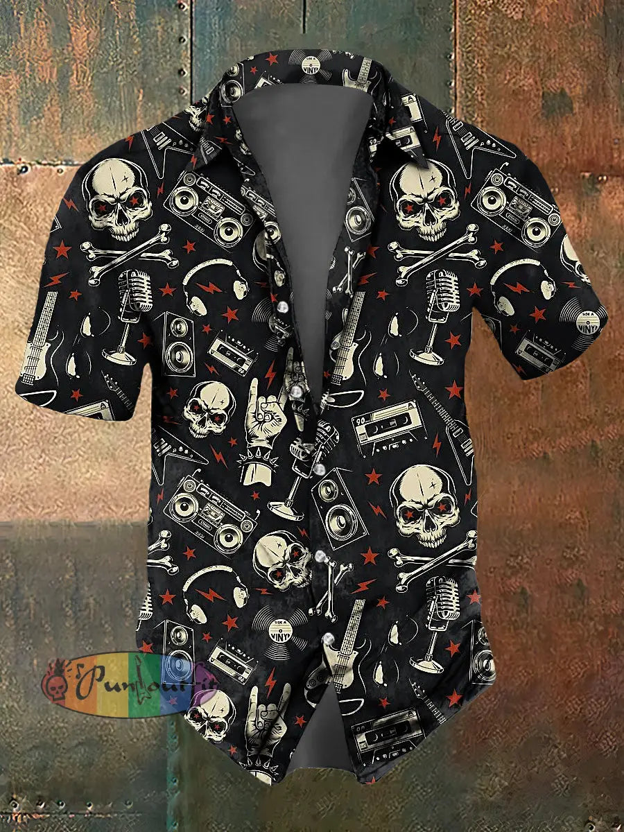 Men’s Abstract Music Skull Print Casual Short Sleeved Shirt Black / S