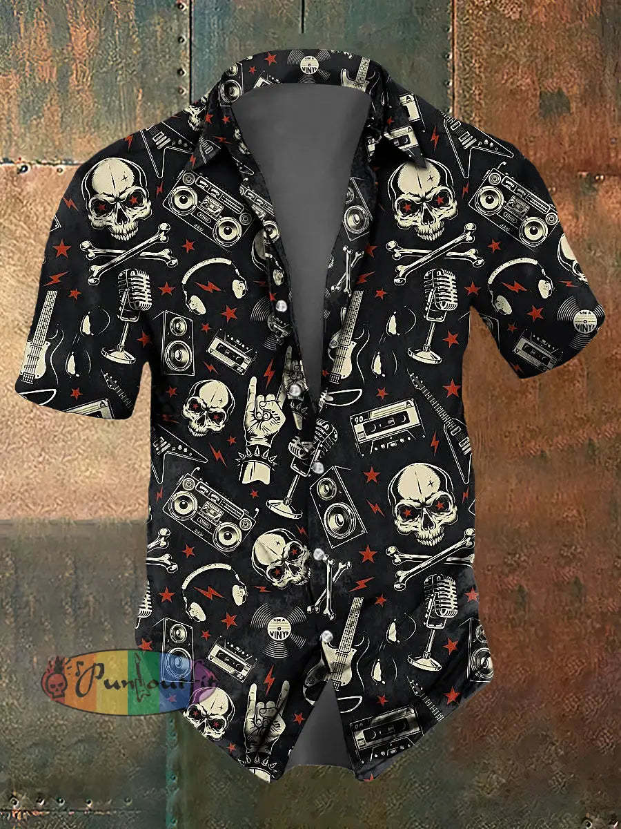 Men’s Abstract Music Skull Print Casual Short Sleeved Shirt Black / S
