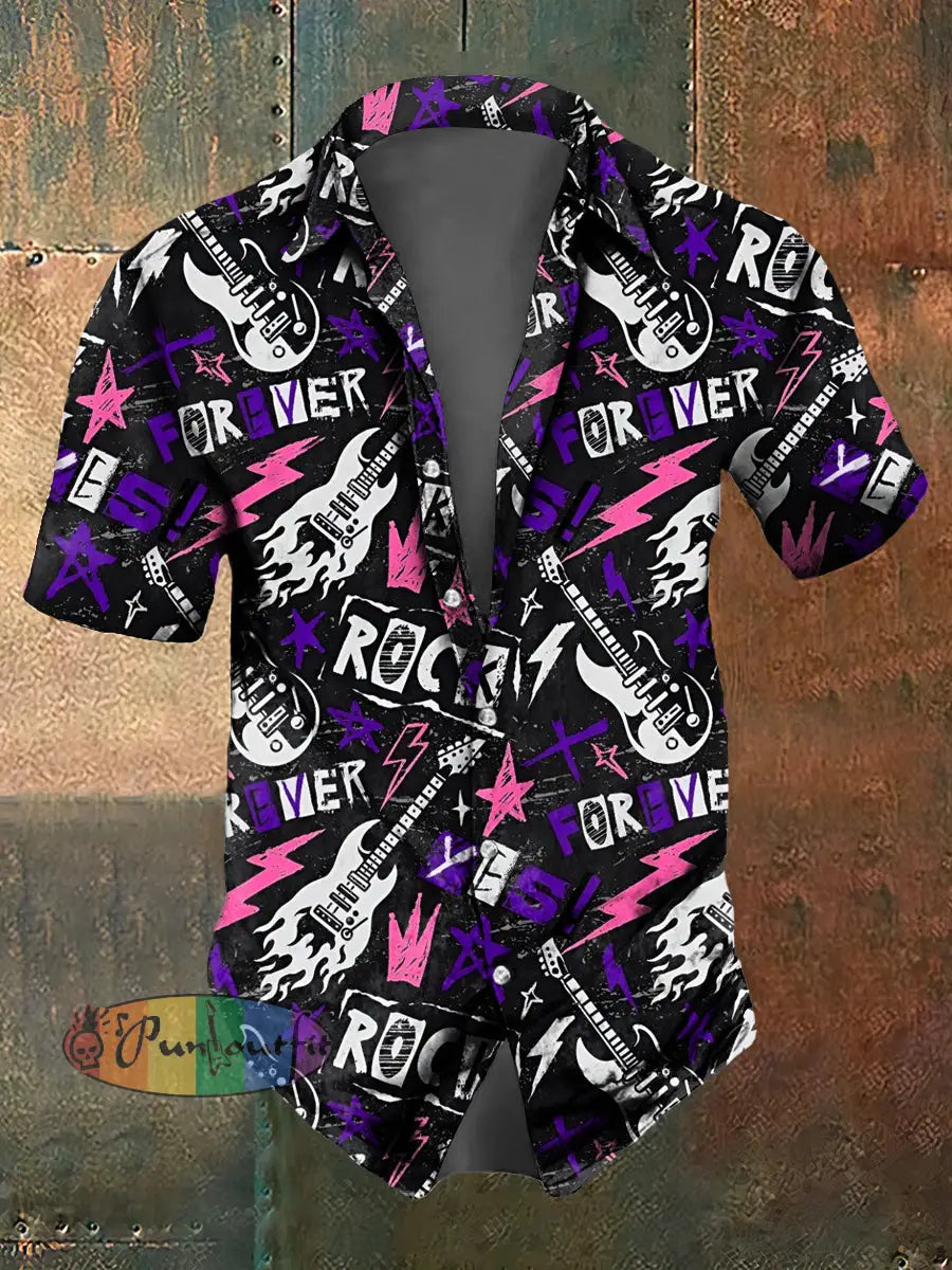 Men’s Abstract Music Skull Print Casual Short Sleeved Shirt Black / S