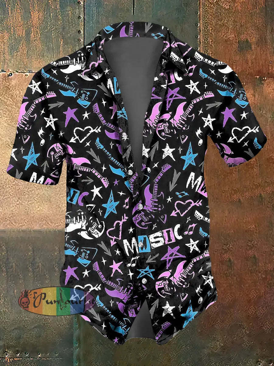 Men’s Abstract Music Skull Print Casual Short Sleeved Shirt Black / S