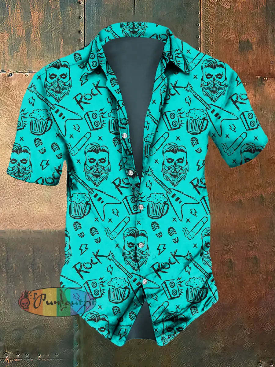 Men’s Abstract Music Skull Print Casual Short Sleeved Shirt Light Blue / S