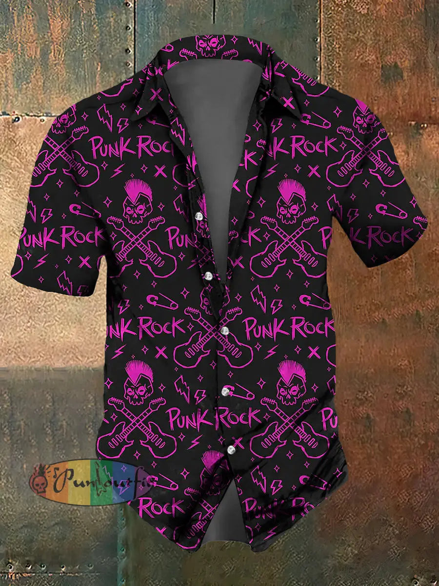Men’s Abstract Music Skull Print Casual Short Sleeved Shirt Purple / S