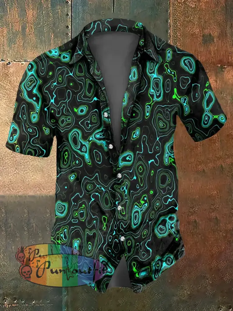 Men’s Abstract Print Casual Short Sleeved Shirt Black-Green / S